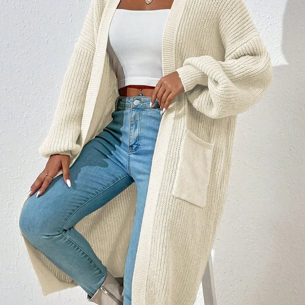 Beige Casual Women's Dual Pocket Drop Shoulder Open Front Cardigan